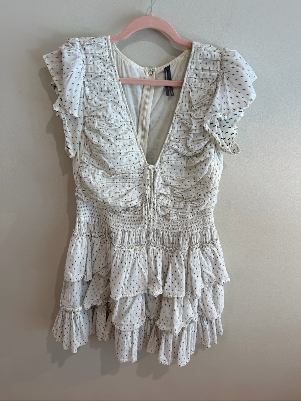 Anthropologie Ivory Ruffle Mini Dress with Black Dot Print